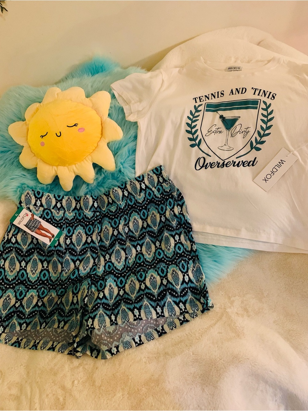 Wildfox Teal White Loungewear Set T-Shirt Shorts Matching Set Women’s XL